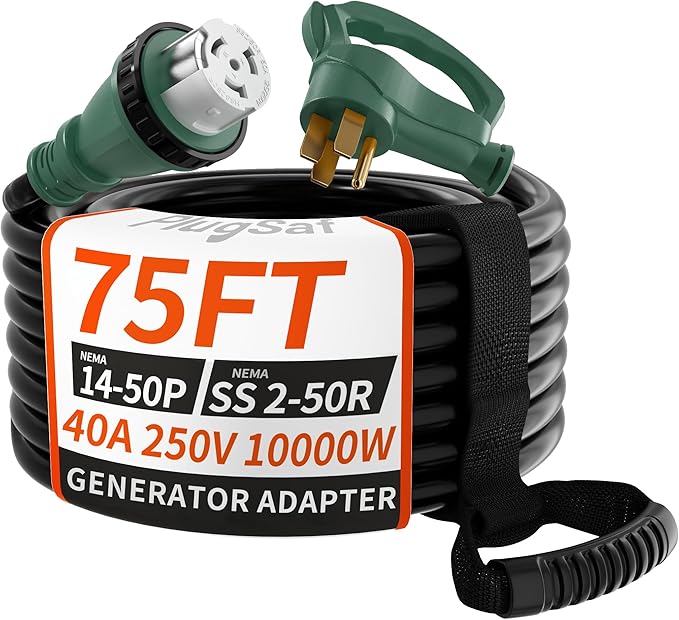 40 Amp Generator Cord, 75FT 40 Amp RV Extension Cord with Twist Lock, Generator Cable 40A 4 Prong, NEMA 14-50P to SS2-50R Heavy Duty STW Wire for RV Camper & House