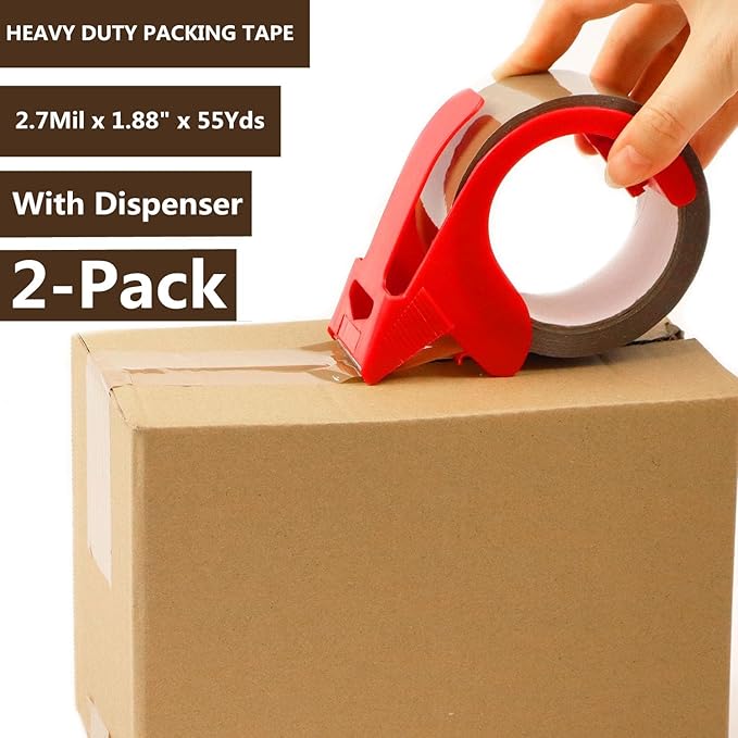 CHUANGSEED 2-Pack Brown Packing Tape with Dispenser-2.7mil x 1.88" x 55Y Heavy Duty Packing Tape for Moving Boxes-Moving Tape Strong Adhesive Packaging Tape.