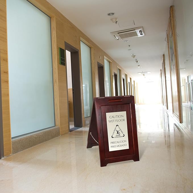 SmartSign (2-Pack) Premium Bilingual 'Caution Wet Floor' Wooden A-Frame Standing Floor Sign, 2-Sided, 24" x 15", Hardwood Pine Frame, 120 mil Silver ACM Sign, Black on Silver, USA-Made