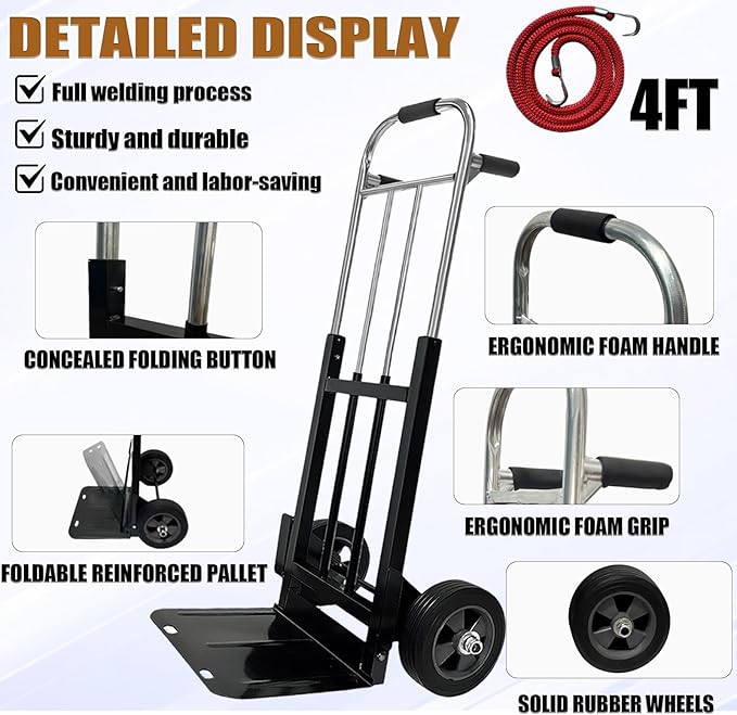 800 LB Dolly Cart with 8" Solid Rubber Wheels, Heavy Duty Folding Hand Truck Dolly with Bungee Cords, Compact Foldable Alloy Steel Design for Warehouses, Homes, Offices, and Small Business