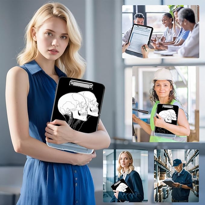 Clipboard with Storage Box & Pen Holder,Heavy Duty Clip Boards 8.5x11 for Nursing,High Capacity,School & Office Supplies,Skull Silhouette