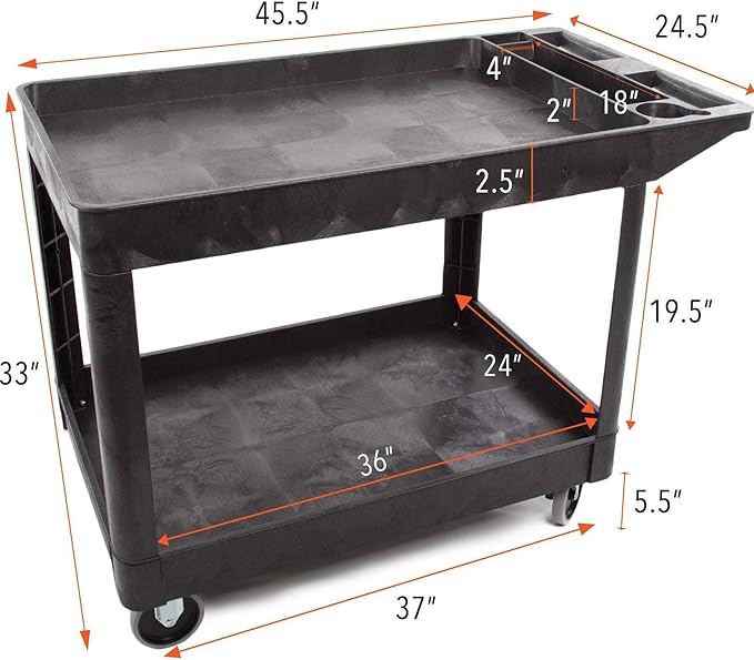 Tubstr Extra Large Two-Shelf Utility Cart with Wheels | 500 lb. Capacity Rolling Utility & Tool Cart for Warehouses, Industrial Settings, Auto Garages, & More (Black, 45.5 x 24.5)