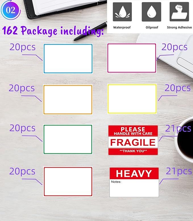 5" x 3" Large Moving Labels for Home Packing Box 6 Color Coded Border Label 162pcs with Writable Notes Areas, Fragile Stickers, Heavy Sticker. Permanent Adhesion
