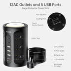 Surge Protector Power Strip Tower with 5 USB Ports and Night Light,10FT Extension Cord with 12 AC Multiple Outlets (Black, 10FT)