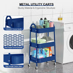 EAGMAK 3 Tier Utility Rolling Cart, Metal Storage Cart with Handle and Lockable Wheels, Multifunctional Storage Organizer Trolley with Mesh Baskets for Kitchen, Living Room, Office, Garage (Indigo)