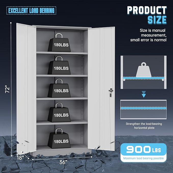 Superday Metal Storage Cabinet with Lock, 72" H Garage Storage Cabinet with Doors and 4 Adjustable Shelves,White Grey Steel Locking Cabinets for Office, Home, Garage, Gym, School