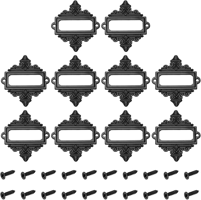 uxcell 10 Pcs Metal Label Holder, 2.2 x 2.4 Inch Small Vintage Card Frame Tag Floral Lace Label Holder with Screws for File Boxes Drawers Door Cabinet Book Shelves, Black