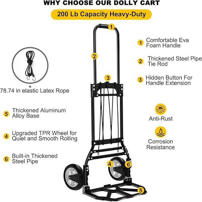 LEVORY J Folding Hand Truck and Dolly, 200 LB Capacity Upgraded Aluminum Dolly Cart, Extended Handle Portable Dolly for Travel, Moving, Shopping, Office Use, Black