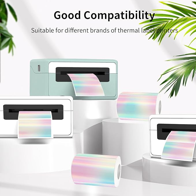 3x2 Inch Thermal Labels, Rainbow Holographic Thermal Sticker Labels, Glitter Thermals Stickers for DIY, Barcode, Mailing, Perforation Line Design, 200 PCS/1 Roll