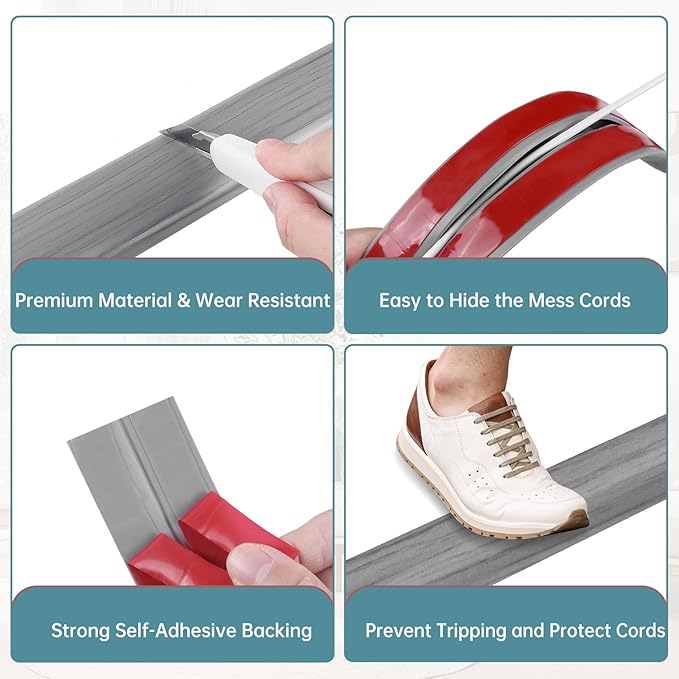 Floor Cord Cover Self Adhesive Cord Hider Floor Extension Cord Covers for Floor Power Cord Protector Cable Management Prevent Cable Trips Cable Cavity 0.32" W x 0.32" H (Light Grey Wood, 10Ft)