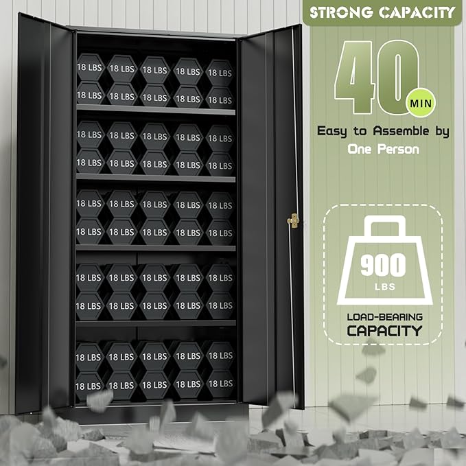 Crownland 72" Lockable Metal Storage Cabinet, Garage Storage Cabinets, High Office Cabinet with Adjustable Shelves for Home Office, Pantry,Garage, File(Balck)