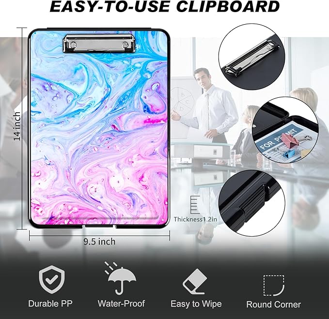 Side Opening Clipboard With 2 Storage & Pen Holder - Blue Personalized for Teachers, Nurses, Business People - Marble Enclosed Heavy Duty Contractor Clipboard