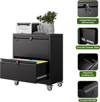 Aobabo 2 Drawer Lateral File Cabinet with Wheels, Lockable Metal Filing Cabinet for Home Office, Legal/Letter Size,Black,Required Assembled,15.87" D x 28.94" W x 34" H