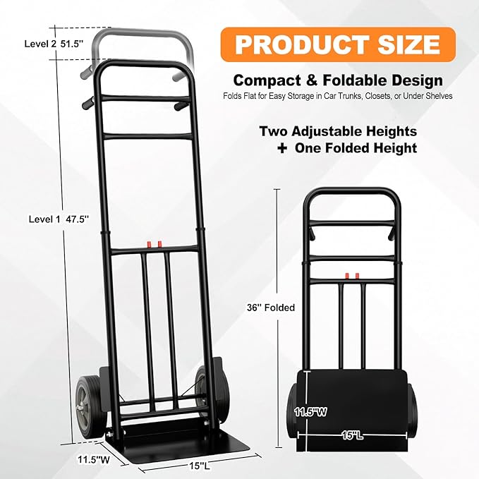Folding Hand Truck Heavy Duty, 600 LB - 800 LB Moving Dolly Cart, Compact Foldable Alloy Steel Design, Adjustable 47.5"/51.5", 8" Solid Rubber Wheels, Ideal for Warehouse, Home, Office, Small Business
