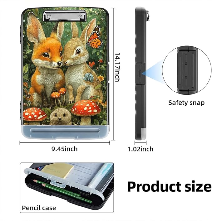 Clipboard with Storage Box & Pen Holder,Heavy Duty Clip Boards 8.5x11 for Nursing,High Capacity,School & Office Supplies,Fox Rabbit Mushroom