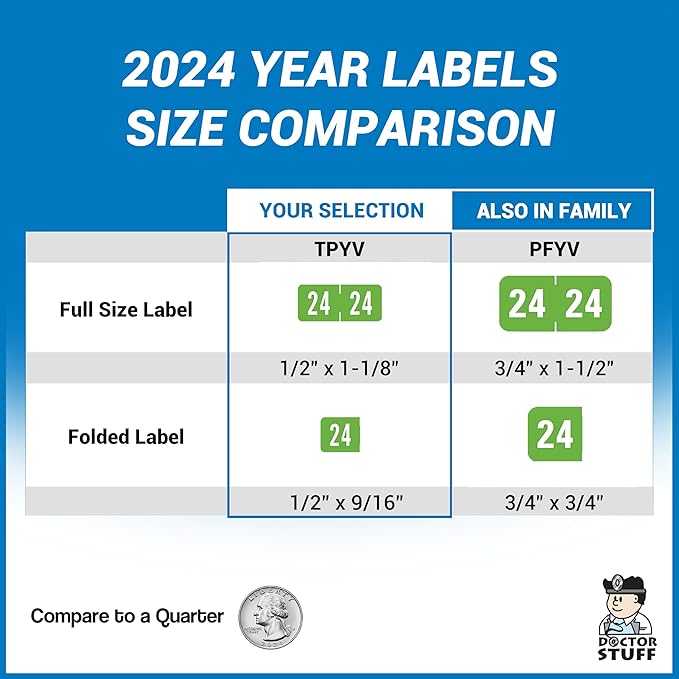 2024 Small Year Labels, Doctor Stuff 2024 Chart Stickers, Light Green Color Coded, Tab Products Style, USA Made Year Stickers for End Tab File Folders, 500/Roll, 1 Roll, 1/2" x 1-1/8"