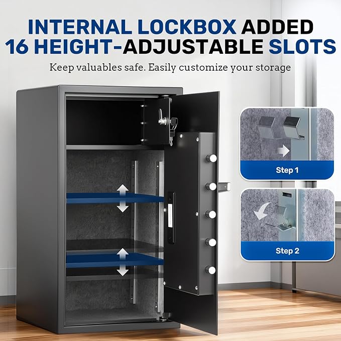 BlackSmith Large Home Safe 3.9 Cub Fingerprint Security Safe with LCD Display Dual Alarm Adjustable Shelves Wall Mount Lock Box Secure Money Jewelry with Individual Lockbox LED Light, Black