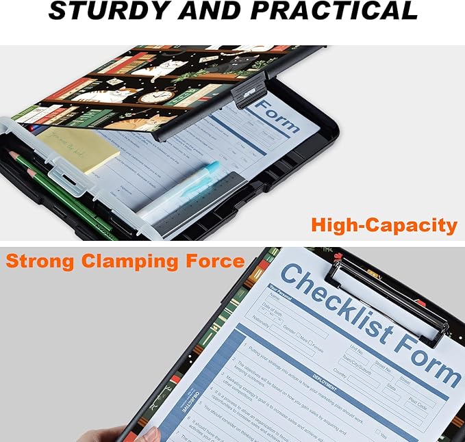 Clipboard with Storage Compartment, 8.5 x 11 Letter Size Side Opening Clip Board with Pen Holder, Hard Portable Clipboard Organizer for Nurse, Teacher, Contractor, Jobsite, Bookshelf Cat