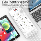 18 Outlets Surge Protector Power Strip - 10 Feet Flat Plug Heavy Duty Extension Cord with 18 Widely Outlets and 4 USB Ports, 2100 Joules, White, ETL Listed