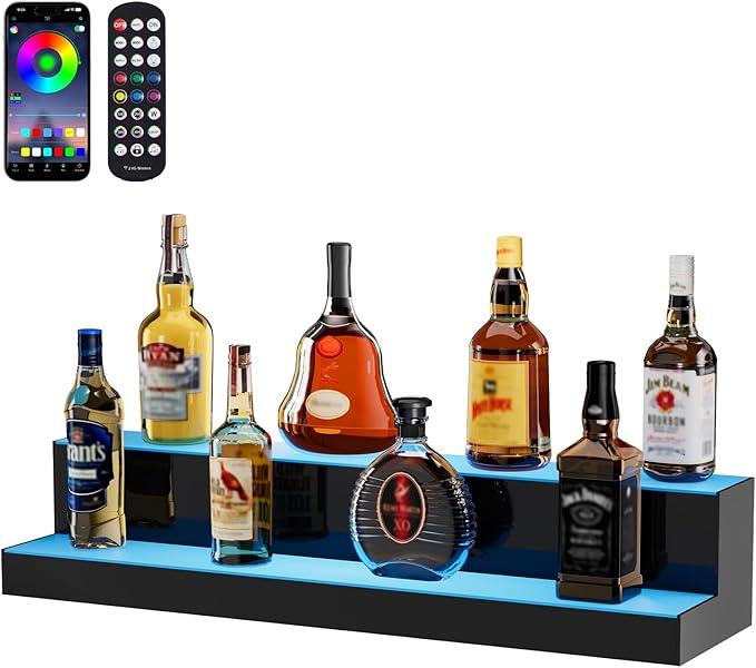 VEVOR LED Lighted Liquor Bottle Display, 2 Tiers 30 Inches, Supports USB, Illuminated Home Bar Shelf with RF Remote & App Control 7 Static Colors 1-4 H Timing, Acrylic Lighted Shelf for 16 Bottles