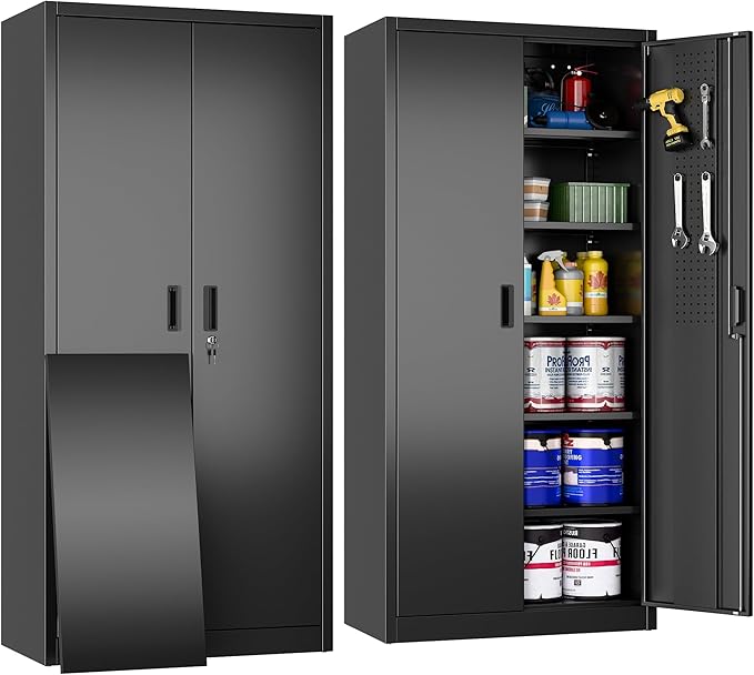 Metal Storage Cabinet with 5 Adjustable Shelves and Pegboard, 71" H×32" W×16" D Garage Storage Cabinet with Lockable Doors for Garage,Office,Home,Gym,School, Lockable File Cabinet, Black