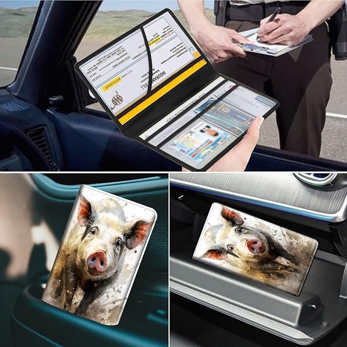 Car Registration and Insurance Holder, Leather Car Glove Box Organizer, Cool Car Accessories for ID, Driver's License Cards & Essential Document,business cards,Men&Women,Cute Pigss