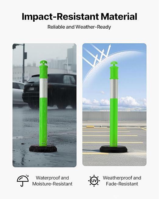 VEVOR 3 Pack Traffic Delineator Posts, 48 inches Traffic Safety Cones with Fillable Base and Reflective Strips, Heavy Duty Delineator Posts for Construction Site, Parking Lot, Crowd Control, Green