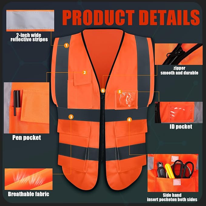 JaGely 15 Pack Reflective Safety Vests with Pockets and Zipper Construction Work High Visibility Vest for Men Women(Medium,Orange Red)