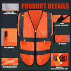 JaGely 15 Pack Reflective Safety Vests with Pockets and Zipper Construction Work High Visibility Vest for Men Women(Medium,Orange Red)