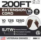 Iron Forge Cable Outdoor Brown Extension Cord 200 ft - 16 Gauge 10 Amp Heavy Duty Brown Outdoor Extension Cords 3 Prong - 16/3 SJTW Great for Outdoor