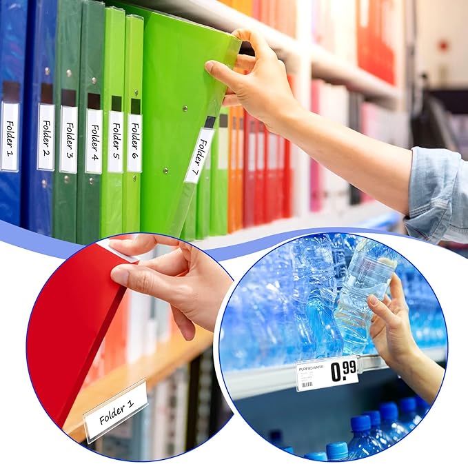 Yexiya 150 Pieces 3 x 1 Inch Clear Plastic Self Adhesive Label Holders Clear Shelf Tag Price Label Holders Bulk with Paper Inserts for Supermarket School Library Bookshelves Mailbox Storage Bins