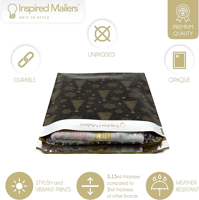 Inspired Mailers - Holiday Poly Mailers 10x13-100 Pack - Christmas Trees and Snowflakes (Black/Gold) - Mailing Envelopes - Christmas Mailers