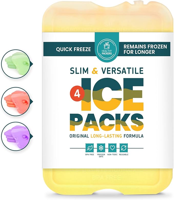 Healthy Packers Reusable Ice Packs for Lunch Boxes - Long Lasting Slim Freezer Packs, Thin Non-Toxic BPA-Free Hard Gel Ice Blocks for Coolers, Kids & Adults Lunch Bags, Travel, Camping, Food Storage