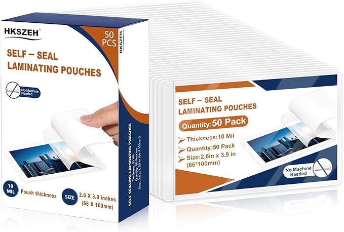 50 Pack 10 Mil 2.6"x3.9" Self Sealing Laminating Pouches Plastic Laminating Sheets Business Card Size Clear Lamination Paper for Office School Home Supplies Glossy Finish(No Laminator Need)