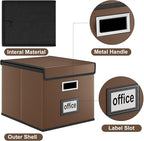 Huolewa File Organizer Box with Lid, Collapsible Leather File Folder Organizer for Office Document Storage, Filing Box with Plastic Slide for Letter/Legal Size Hanging Files, Dark Brown, 4 pack