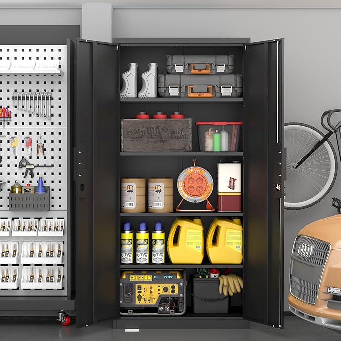 Metal Garage Storage Cabinets,Locking Garage Cabinets with 2 Door and 4 Adjustable Shelves,Steel Tall Cabinet for Home Office,Warehouse,School,Black