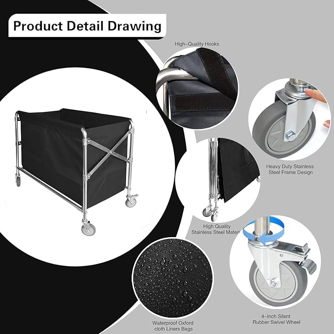 Commercial Laundry Cart 12 Bushel (400L) Collapsible Laundry Baskets with Wheels, Heavy Duty Industrial Rolling Baskets Trucks with Steel Frame and Waterproof Oxford Cloth, for Home Organizer Storage