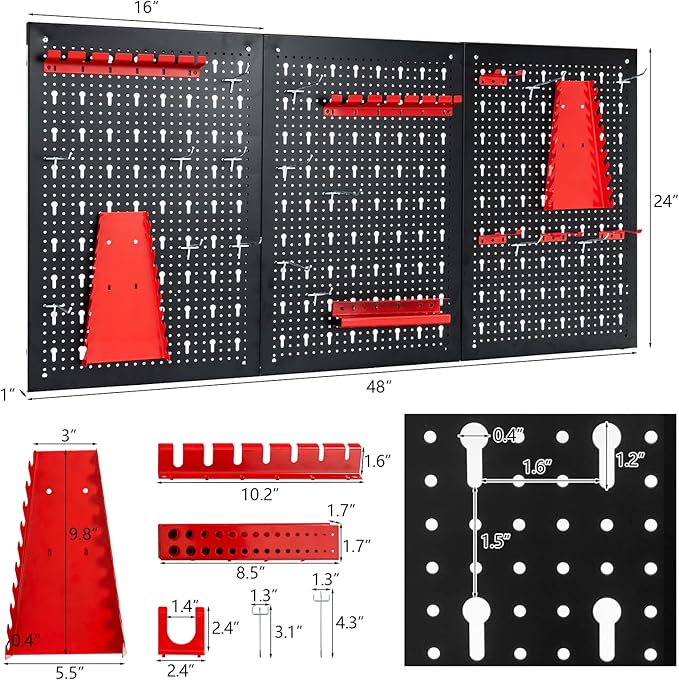Goplus Garage Pegboard Tool Organizer, 4ft Metal Pegboard Wall Organizer w/3 Pegboards, Drill Bit Rack, Wrench Rack, Hooks Accessories, Wall-Mounted Tool Storage Peg Board for Workshop, Black
