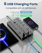 Surge Protector Power Strip-14 Outlets and 6 USB Ports, 10 Feet Flat Plug Extension Cord, 1850 Joules, Black, ETL Listed for Home, Office, Dorm Room