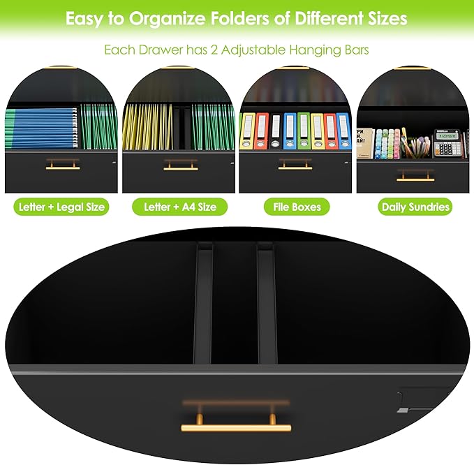 2 Drawer Lateral File Cabinet with Adjustable Shelves and Handles,Metal Filing Cabinet with Drawers and Keys for Home,Office,School,Fits A4/Letter/Legal Size Folders,Assemble Required,Black