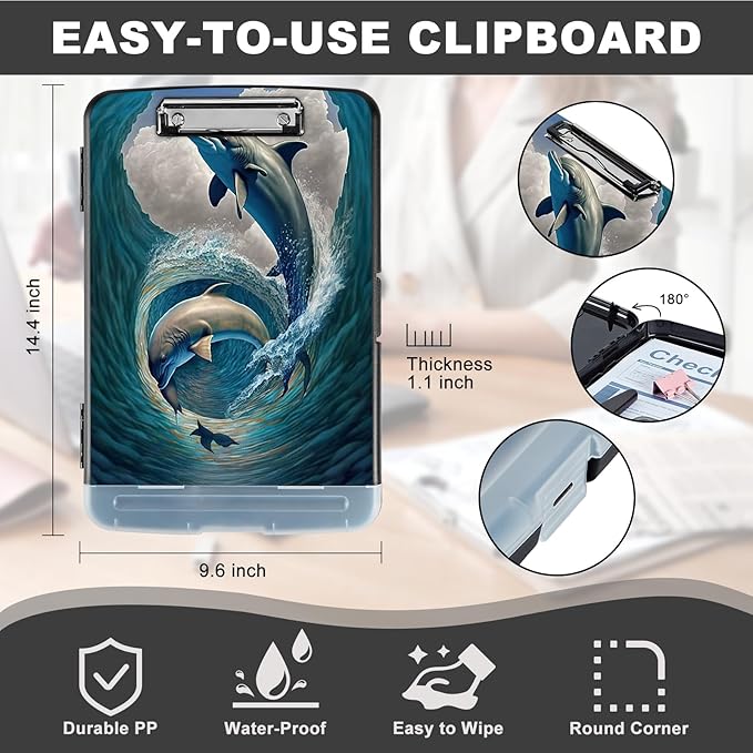 Clipboard with Storage,Heavy Duty Plastic Storage Clipboard with Low Profile Clip,Teacher Must Haves,Office Supplies,Dolphins Ocean