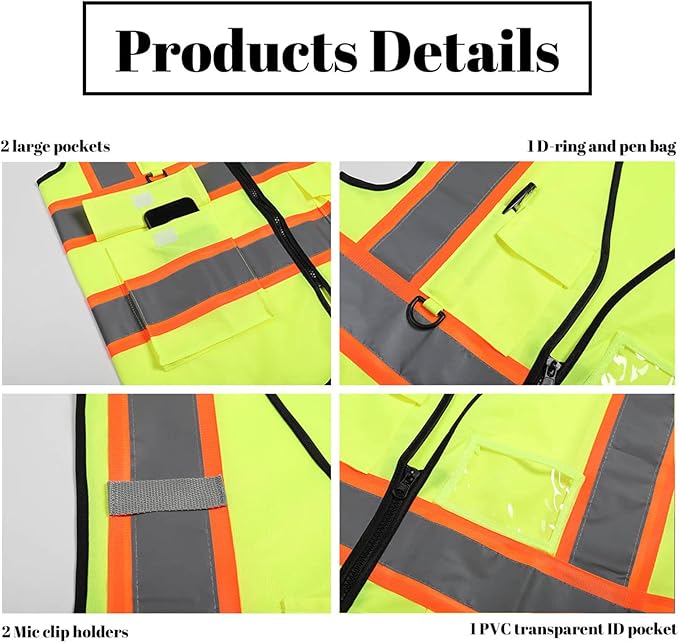 Safety Vest Reflective High Visibility with 5 Pockets ＆Zipper Class 2 Adult Unisex Construction Security Workwear
