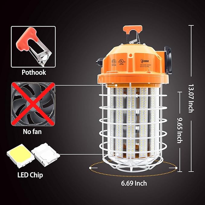100W LED Temporary Work Light Fixture 16000 Lumen Daylight White 5000K, IP64 Dust & Waterproof, Stainless Steel Protective Cover for High Bay Construction Jobsite Workshop