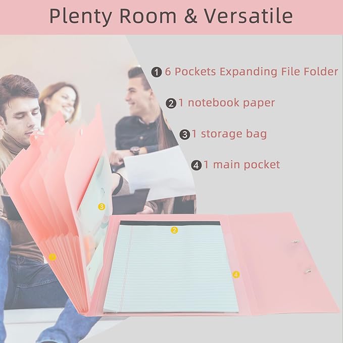 Pink Expandable File Folders with One Notebook, Expanding Receipt Organizer, Accordion Folder File Folders, Important Document Organizer, Accordion Folder for Office/School