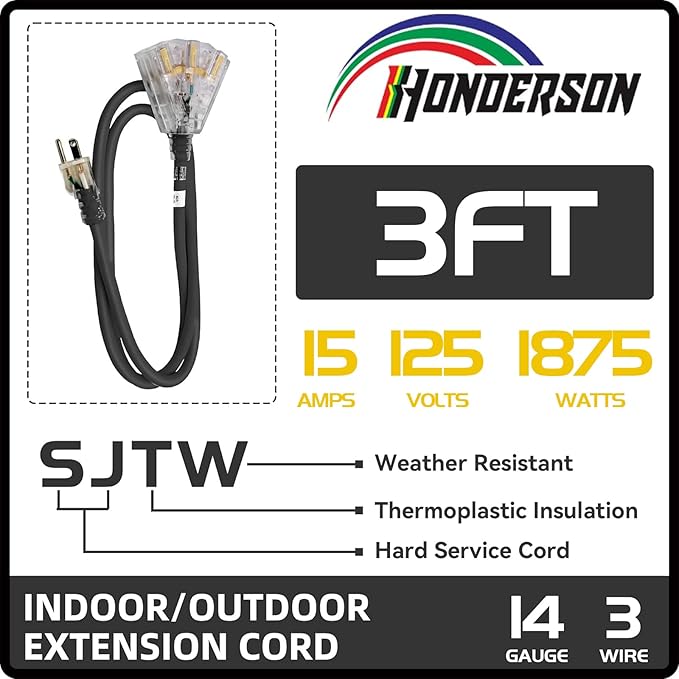 3-Outlets Extension Cord Weatherproof with Lighted End, UL Listed, 14 Gauge 3FT Black 3 Prong Heavy Duty, 14/3 SJTW 15A Power Cord