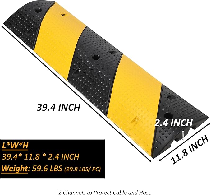 Heavy Duty Speed Bumps for Driveway, 39.4" 2 Pack Rubber Speed Bumps, 2 Channel Modular Traffic Speed Bump Hump Cable Protector Ramps for Asphalt Concrete Gravel Driveway Road with 6 Bolt Spikes