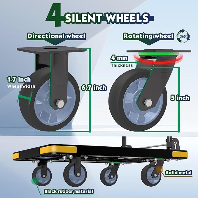 Medium-Duty Foldable Platform Cart with 4 Wheels & 1323LB Capacity - 2 Swivel & 2 Fixed Wheels, Compact Push Cart Dolly Black Plastic Trolley, 5-Inch Wheels, Spare Tire & Anti-Collision Corners