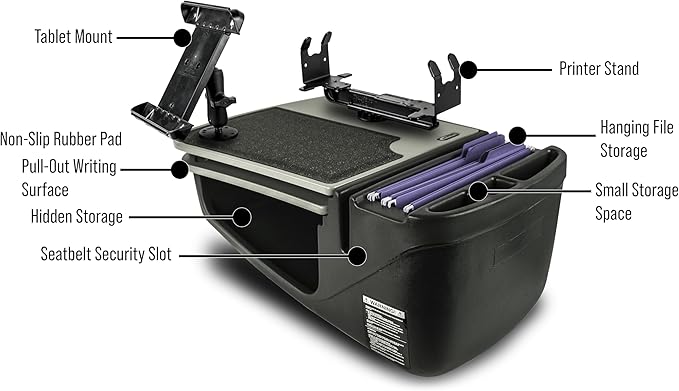 AutoExec AE-GMCD-PS-TAB-GT GripMaster Car Desk for Your Vehicle Workstation and Mobile Office, Grey with Printer Stand and Tablet Mount