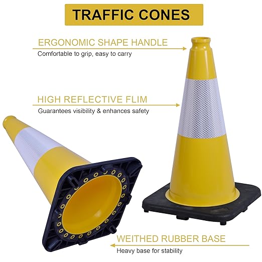 OrangeStar 6-Pack 18" Traffic Cones, Yellow Safety Cones with Reflective Collar, Weighted Base for Driving Practice, Parking Lots, Construction, Flexible PVC, Indoor & Outdoor Use