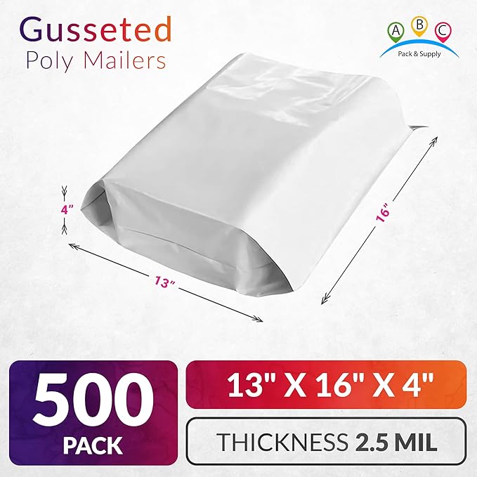 ABC PACK & SUPPLY White Gusseted Poly Mailers, 13 x 16 x 4 Inch. Pack of 500 Expansion Poly Mailers Bags. Shipping Envelopes for Clothing, 2.5 Mil. Plastic Shipping Bags Self Seal. Mailing Packages